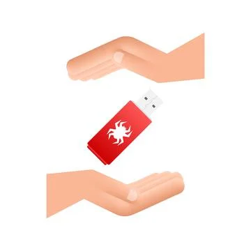 Computer virus on usb flash card in hands. Virus protection. Vector stock イラスト素材