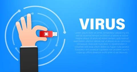 Computer virus on usb flash card in hands. Virus protection. Vector stock Illustrazione stock