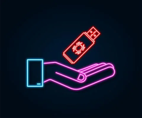 Computer virus on usb flash card in hands. Neon icon. Virus protection. Vector Illustrazione stock