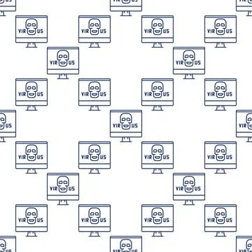Computer with Virus vector Skull on PC Screen seamless pattern in thin line.. Stock Illustration
