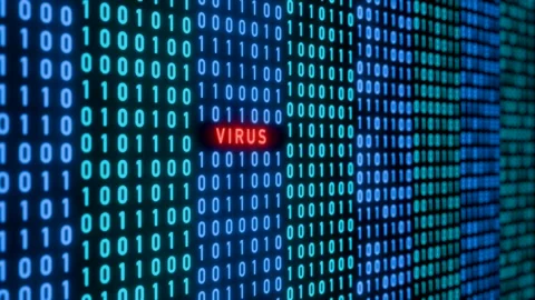 Computer virus warning sign, binary code with red signal, cyber crime. Stock Footage 300886931