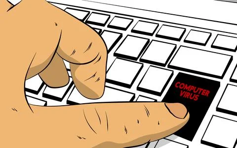 Computer virus word on computer keyboard. Man push keypad on laptop. Comic bo Stock Illustration