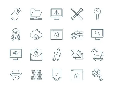 Computer viruses, cyber attack, hacking vector icons set Stock Illustration