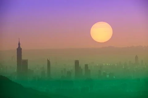 Computer vision composite of the sunset and city buildings. Stock Photos