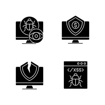 Computer vulnerability exploitation black glyph icons set on white space Stock Illustration