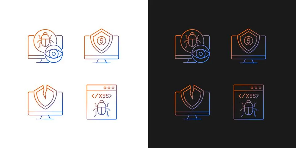 Computer vulnerability exploitation gradient icons set for dark and light mode Stock Illustration