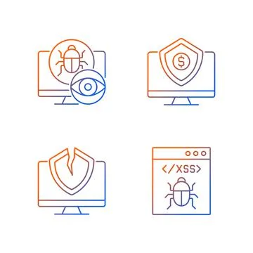 Computer vulnerability exploitation gradient linear vector icons set Stock Illustration