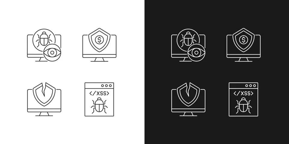 Computer vulnerability exploitation linear icons set for dark and light mode Stock Illustration