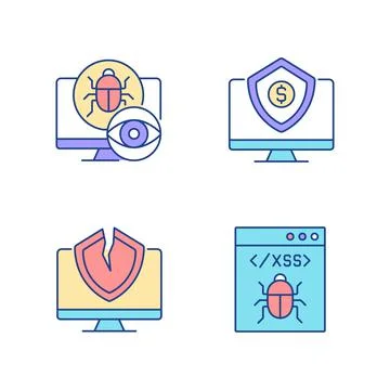 Computer vulnerability exploitation RGB color icons set Stock Illustration