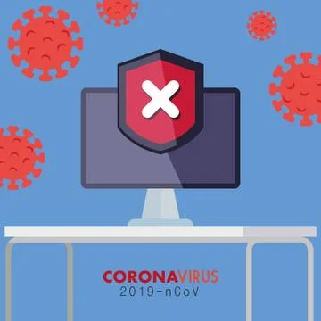 Computer with warning notification during covid 19 Stock Illustration