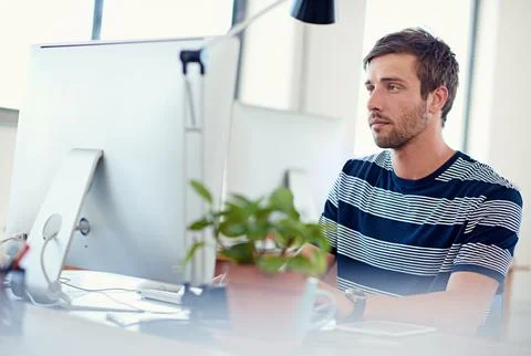 Computer, web design and businessman in office for research, website software 写真素材