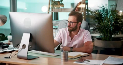 Computer, web development and writing with man coding software in office for Stock Footage 305896649