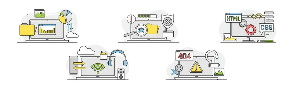 Computer as Web Network Electronic Device Vector Set Illustrazione stock