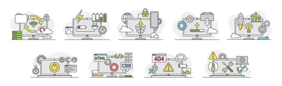 Computer as Web Network Electronic Device Vector Set Stock Illustration