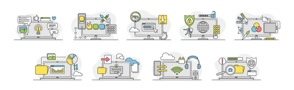Computer as Web Network Electronic Device Vector Set Stock Illustration