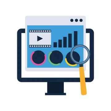 Computer with web page window and magnifying glass, colorful design 库存插图