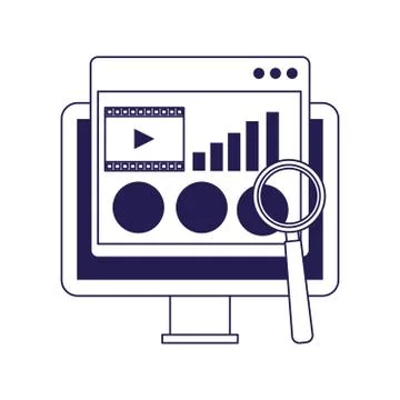 Computer with web page window and magnifying glass Illustrazione stock