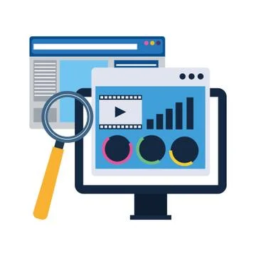 Computer with web pages and magnifying glass, colorful design Stock-Illustration