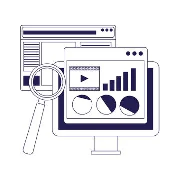 Computer with web pages and magnifying glass, flat design Illustrazione stock