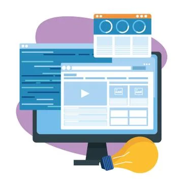 Computer with web windows and light bulb Stock Illustration