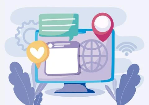 Computer website and bubbles of social media concept vector design Illustrazione stock