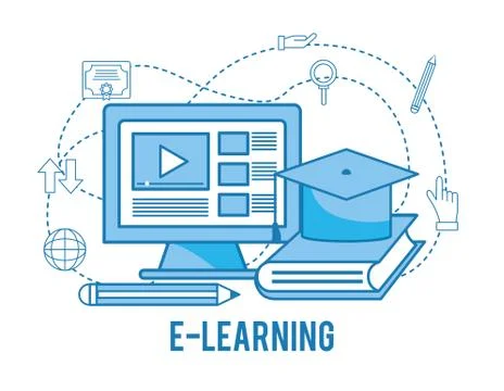 Computer website video with book to study Stock Illustration