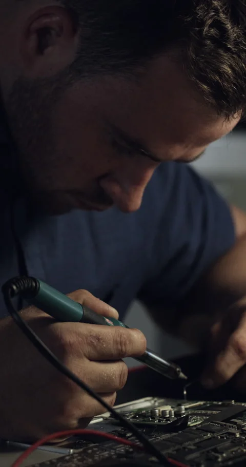 Computer, welding and man with motherboard in dark for IT maintenance, repair Stock Footage 330055654