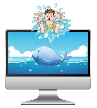 Computer with whale on the desktop Illustrazione stock