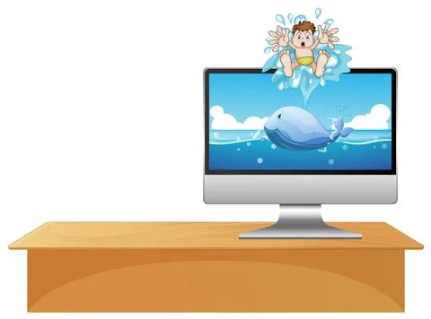 Computer with whale on the desktop 스톡 일러스트