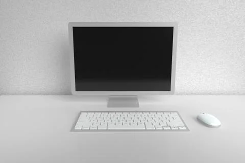 Computer on a white desk next to a keyboard and mouse. 3d illustration. イラスト素材