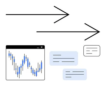 Computer window displaying stock chart data surrounded by communication bubbl Stock Illustration