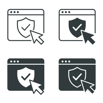 Computer window security shield icon with checkmark and cursor pointer, lin.. イラスト素材
