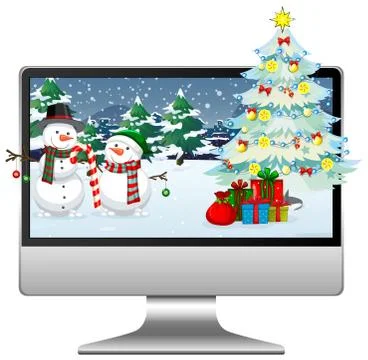 Computer with winter xmas theme desktop background Stock Illustration