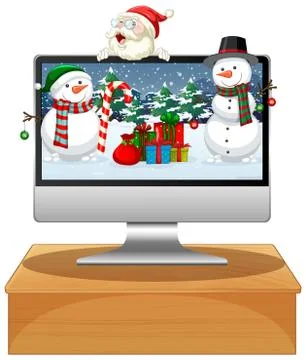 Computer with winter xmas theme desktop background Stock Illustration