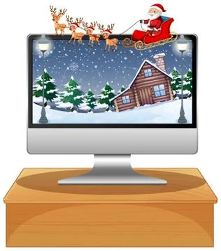 Computer with winter xmas theme desktop background Stock Illustration
