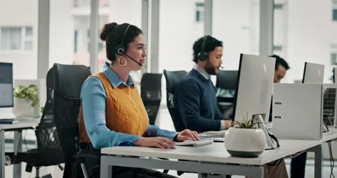 Computer, woman or talking with headset in call center for online help, tech Stock Footage 335839377