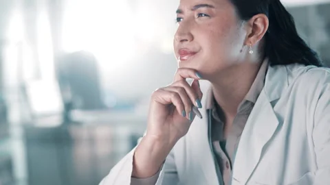 Computer, woman thinking or scientist reading in laboratory for chemistry Stock Footage 247482262
