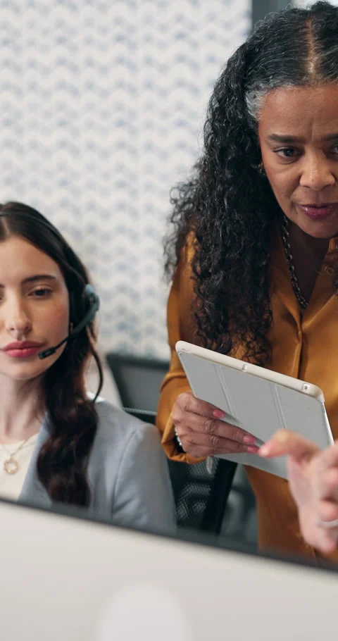 Computer, women and training at call center, help or feedback for insurance Stock Footage 343258495