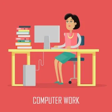 Computer Work Concept Illustration In Flat Design Stock Illustration
