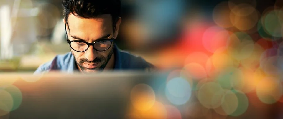 Computer, working and man with digital overlay or bokeh for information Foto stock