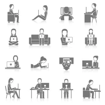 Computer Working Icons Set Stock Illustration