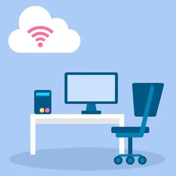 Computer working with internet cloud storage data, flat design icon drawing Stock Illustration