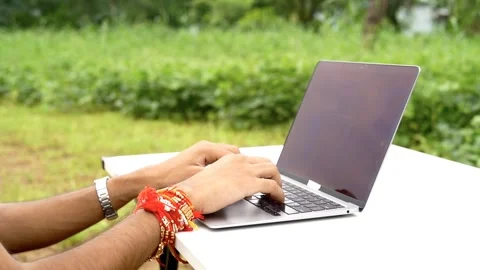 Computer working man in green nature garden. Professional boy with laptop o.. Stock Footage 284254591