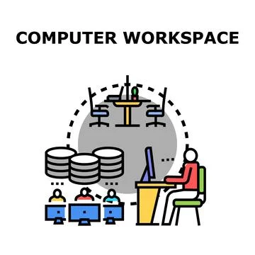 Computer workspace concept processing data and collaborating Stock Illustration