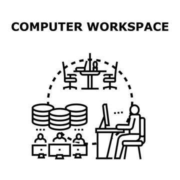 Computer workspace concept processing data and collaborating Illustrazione stock