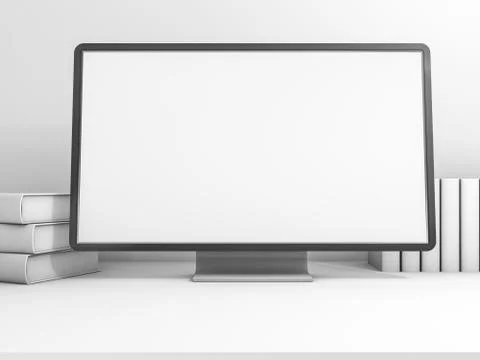 Computer on workspace table showing blank white screen. 3D rende Ilustración de archivo