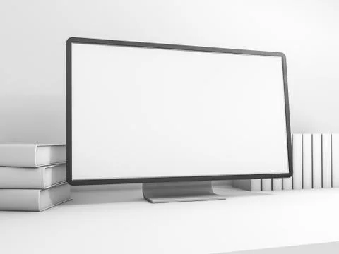 Computer on workspace table showing blank white screen. 3D rende Ilustración de archivo
