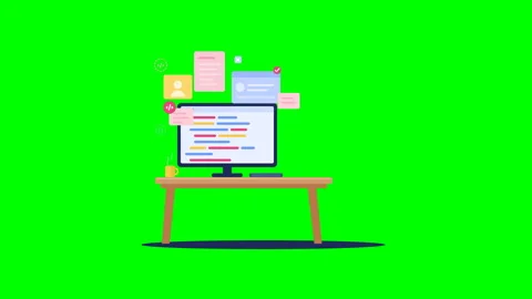Computer workstation animation with coding and floating app icons Stock Footage 347665233