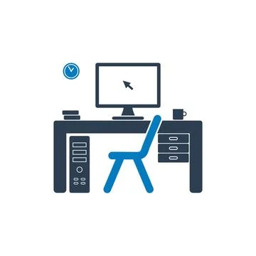 Computer Workstation Icon. With Computer, Desk, Chair, CPU, Clock, Books an.. Stock Illustration
