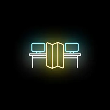 Computer workstations separated by privacy screen in neon glow Stock Illustration